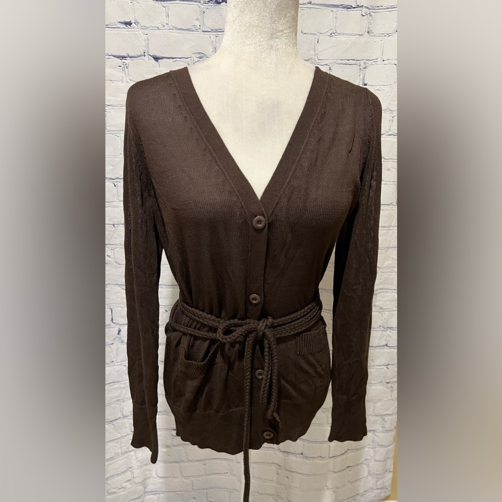 NWOT Cote Femme Woman Cardigan Sweater Solid Brown Belted Size 10/12